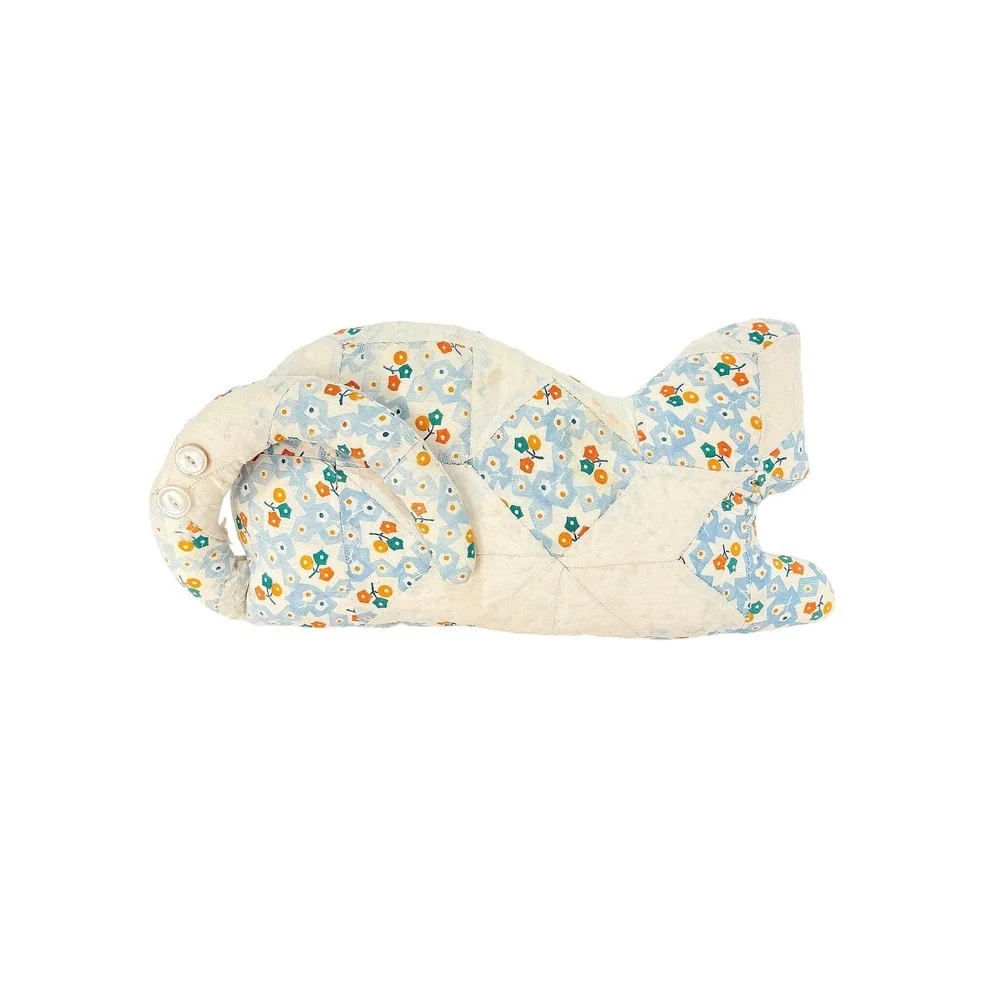 Vintage Handmade Quilted Cat Pillow Blue Floral Star Patchwork Calico 17 Inch